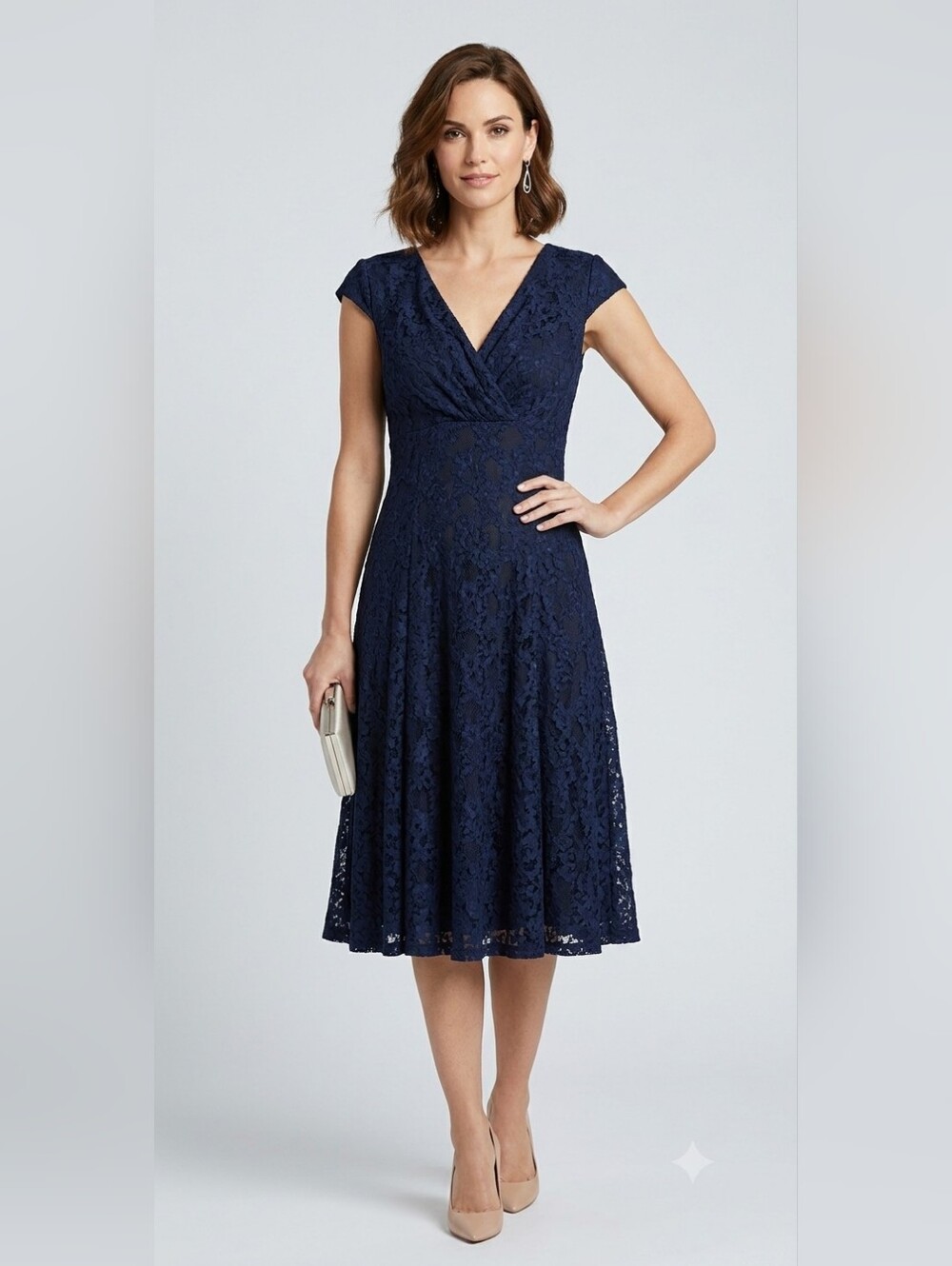 Chaps Navy Blue Floral Lace V-Neck Fit & Flare Midi Dress Size 10